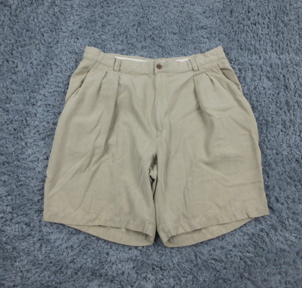 Tommy Bahama Shorts Mens 38 Khaki Relax 100% Silk Pleated Casual TB Logo 33x7.5*